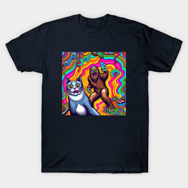 Surprised Scared Cat Selfie Sasquatsch Bigfood Psychodelic T-Shirt by SOUDESIGN_vibe